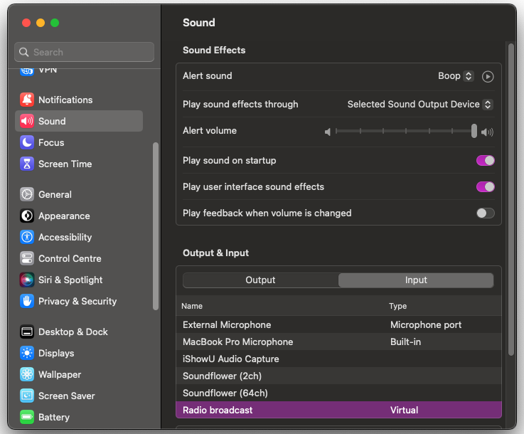 Sound configuration for MacOs